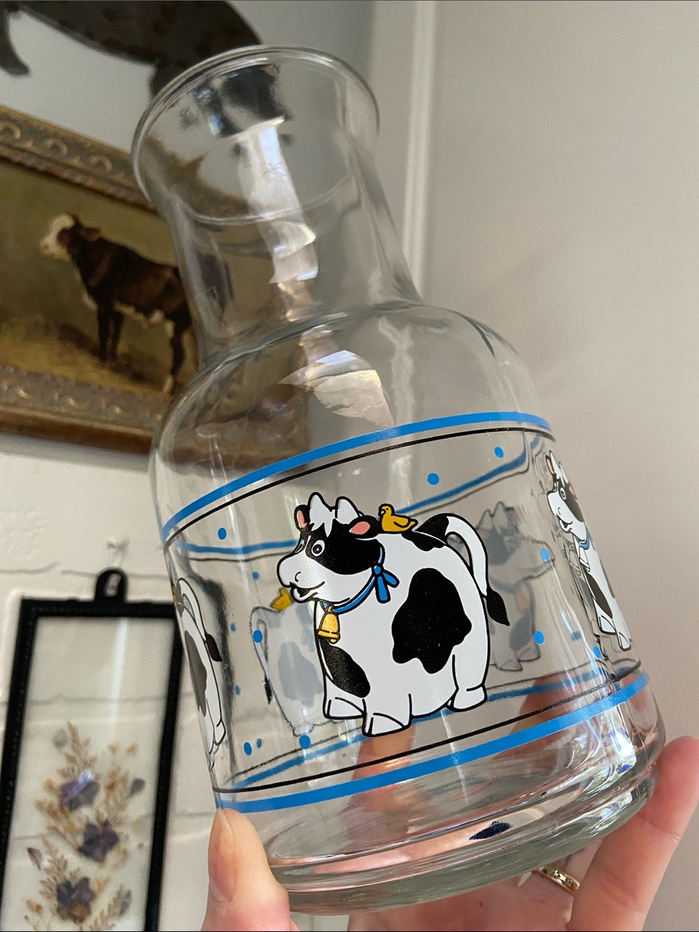 VTG 90s Anamorphic Cute Cow Glass Milk Jug Drink Ware Decor Vase Farmhouse